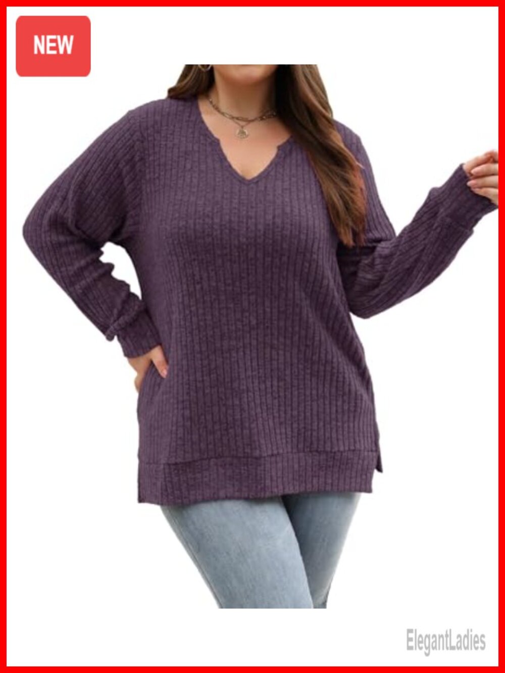 Womens Plus Size Long Sleeve V Neck Tunic Sweater Loose Knit Pullover